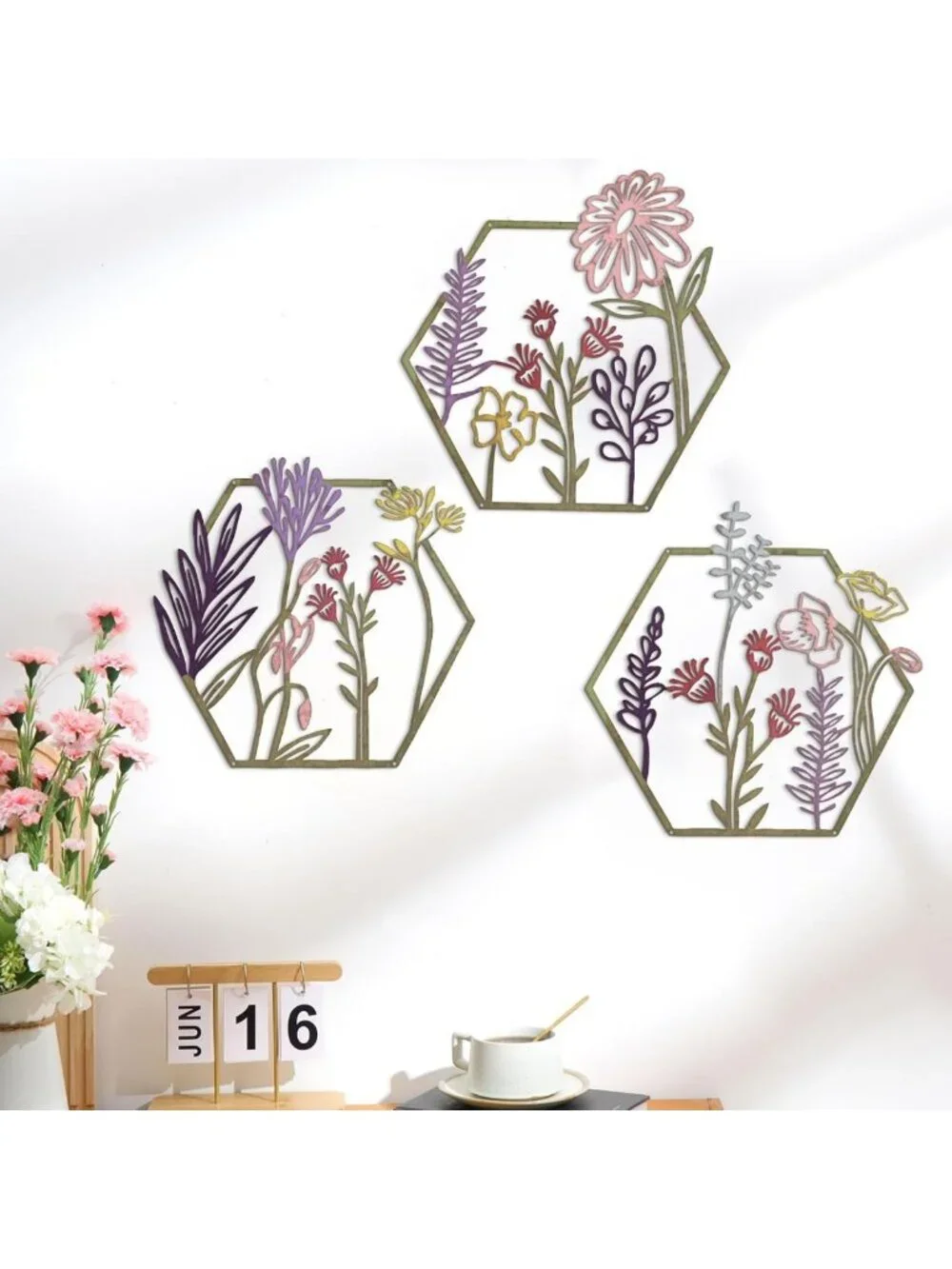 3-Piece Colorful Metal Flower Wall Decor - Minimalist Floral Hanging Art